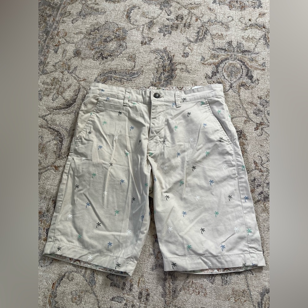 DENIM & FLOWER Ricky Singh Mens 29 Flat Front Khaki Palm Tree Floral Shorts